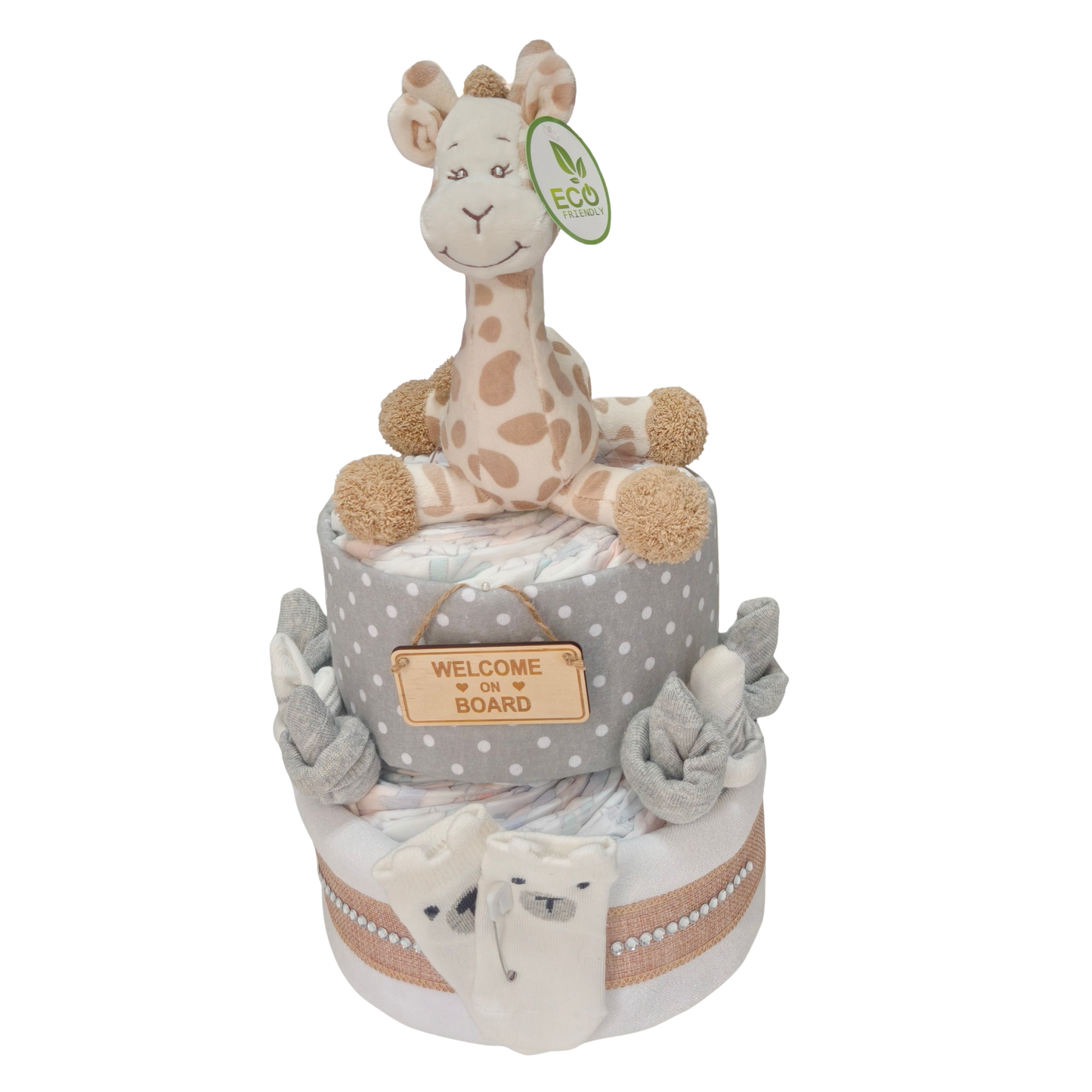beautiful giraffe 2 tier nappy cake unisex newborn baby gift featuring rolled nappies and plush toy