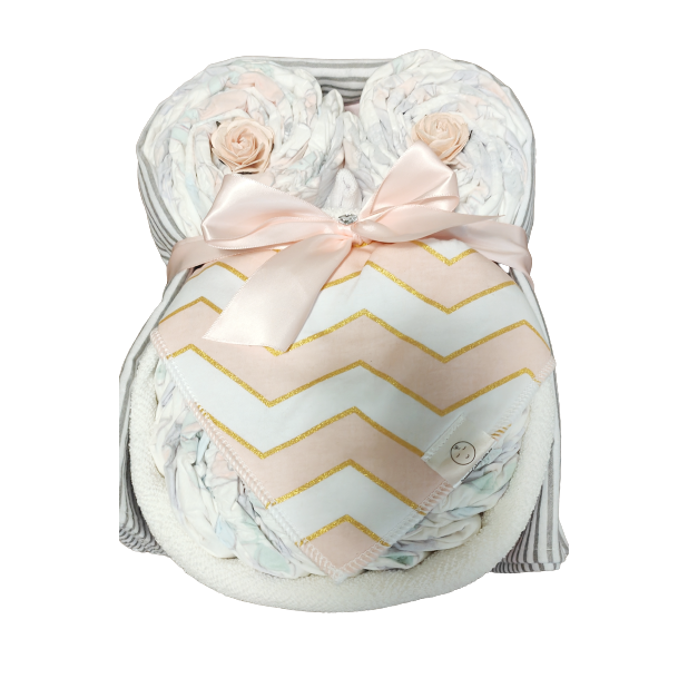 owl nappy cake disco diva baby gift with rolled nappies ribbons and plush owl toy for newborn