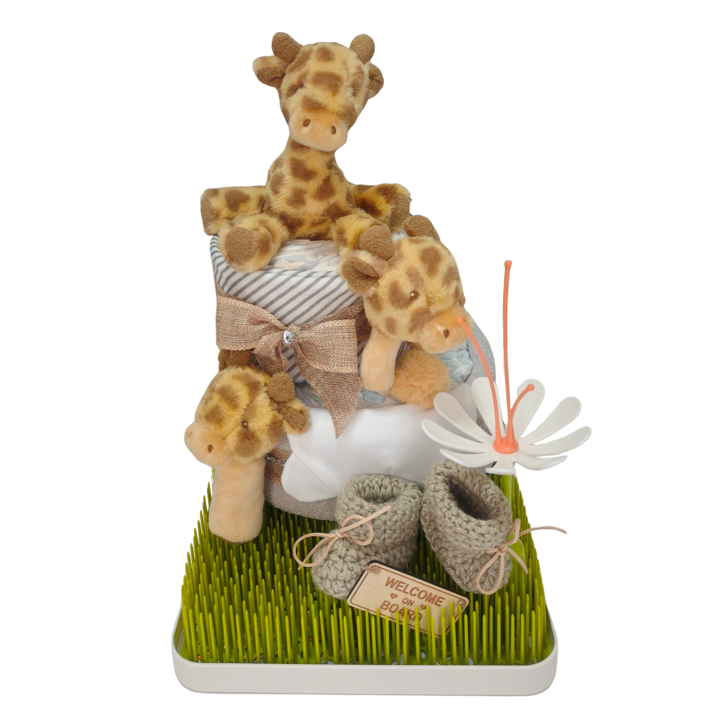 adorable limited edition safari giraffe welcome nappy cake newborn gift with nappies and plush toy