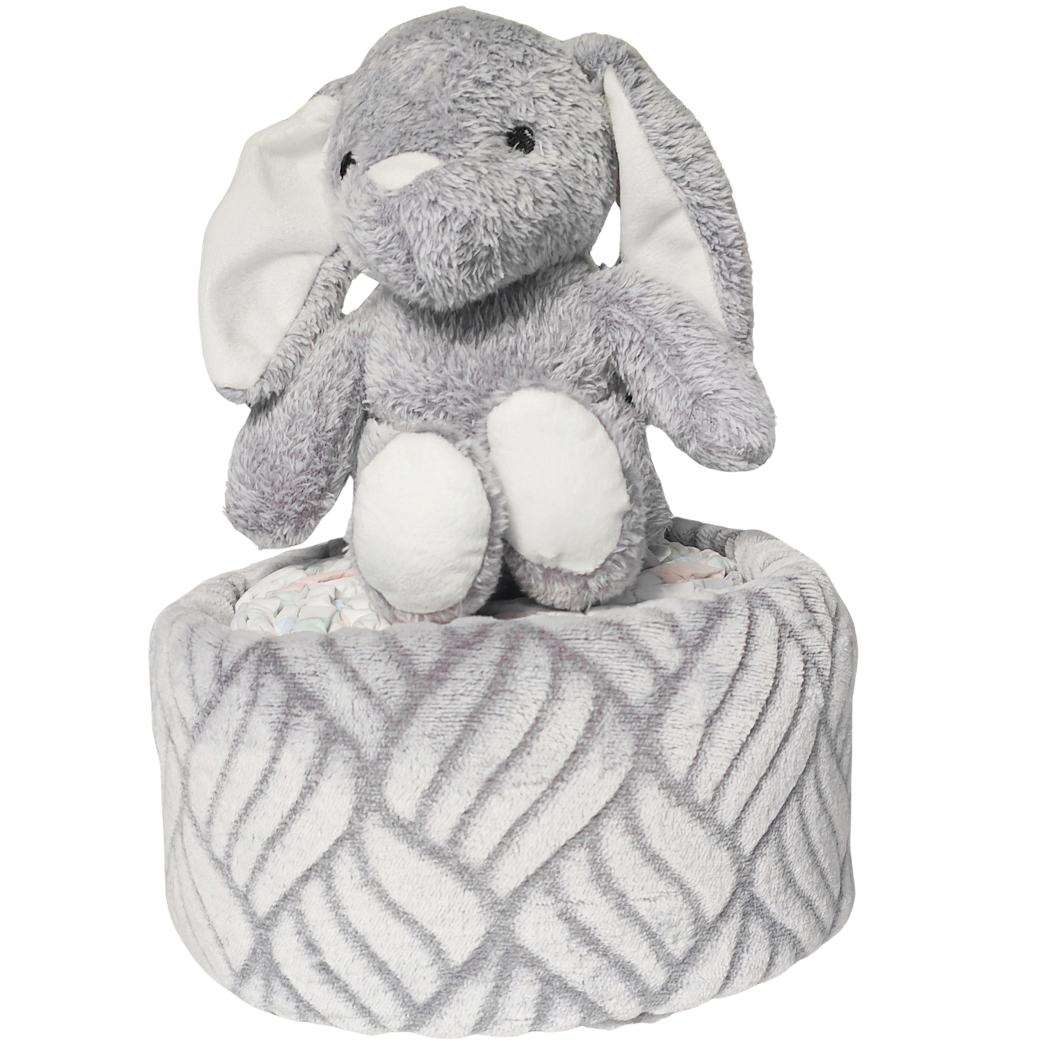 beautiful bunny with blanket nappy cake unisex newborn baby gift featuring rolled nappies and toy
