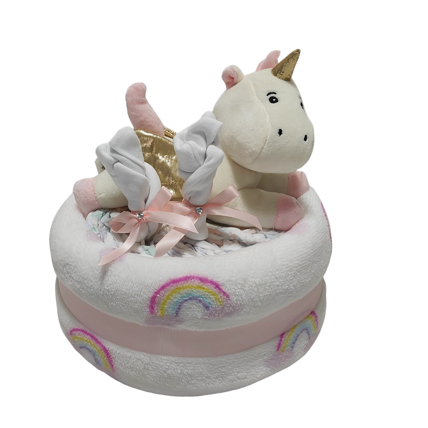 unicorn pink nappy cake baby girl gift with rolled nappies ribbons and plush unicorn toy