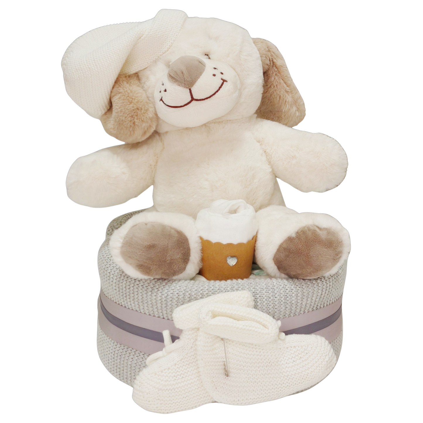beautiful white puppy nappy cake limited edition newborn baby gift featuring nappies ribbons and plush toy