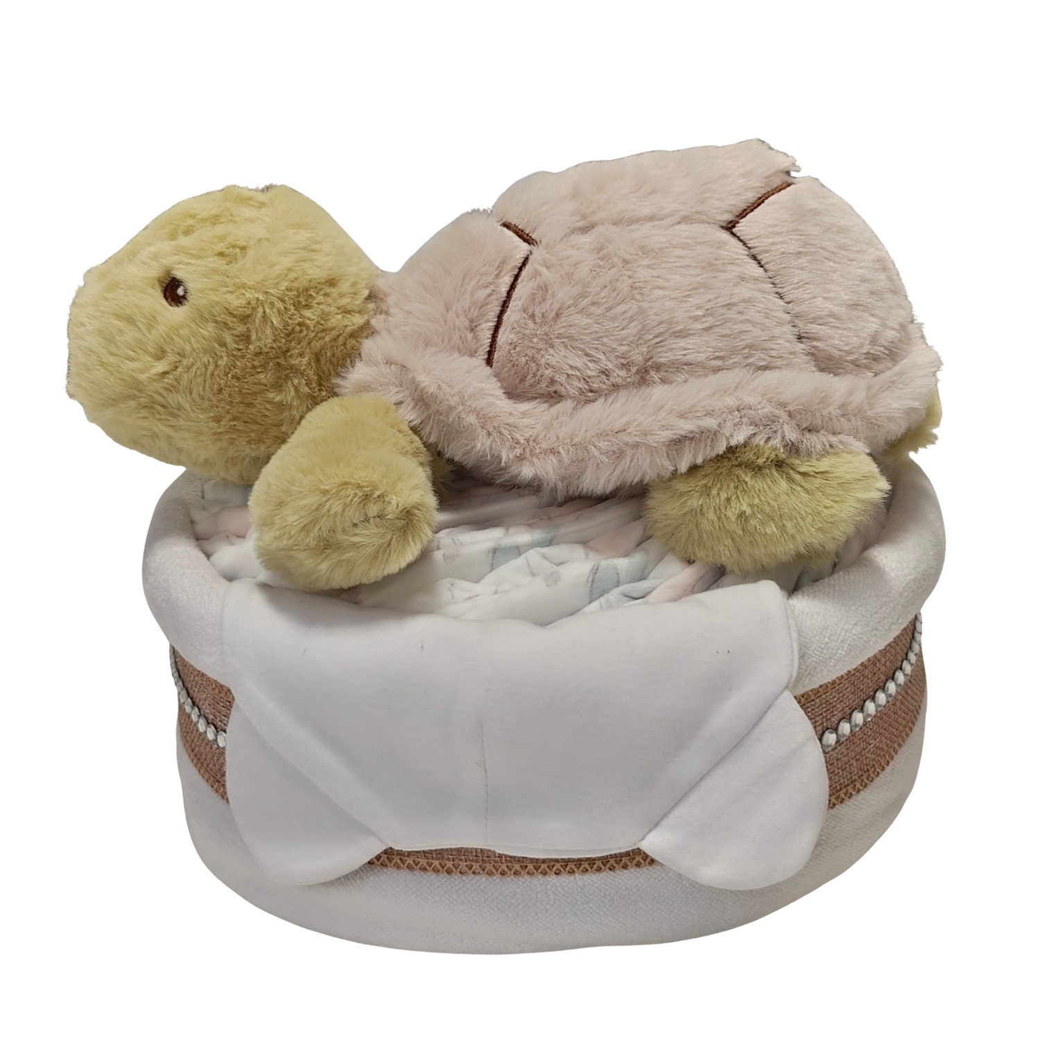 turtle nappy cake unisex baby gift with rolled nappies ribbons and plush turtle toy