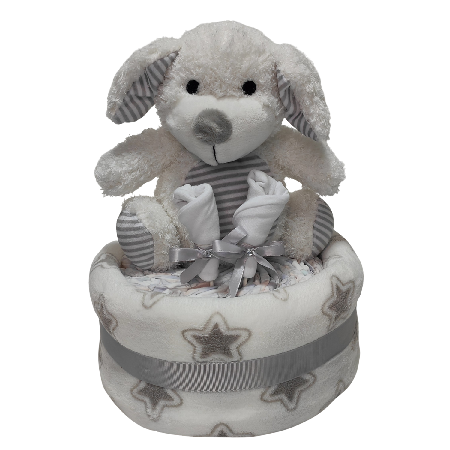 adorable puppy dog nappy cake unisex newborn baby gift decorated with nappies soft toy and ribbons