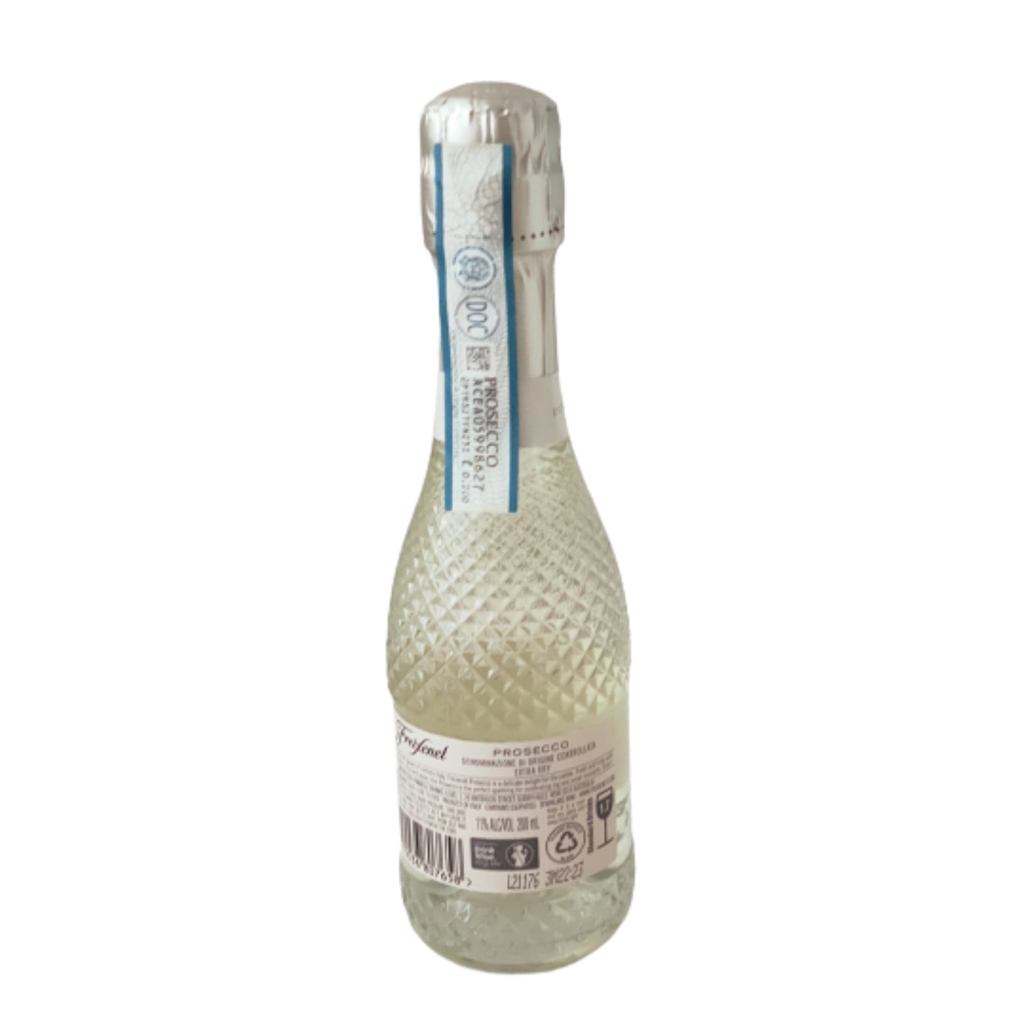 Back view of a Freixenet Prosecco piccolo 200mL mini bottle showing the back label, barcode, and textured glass design.