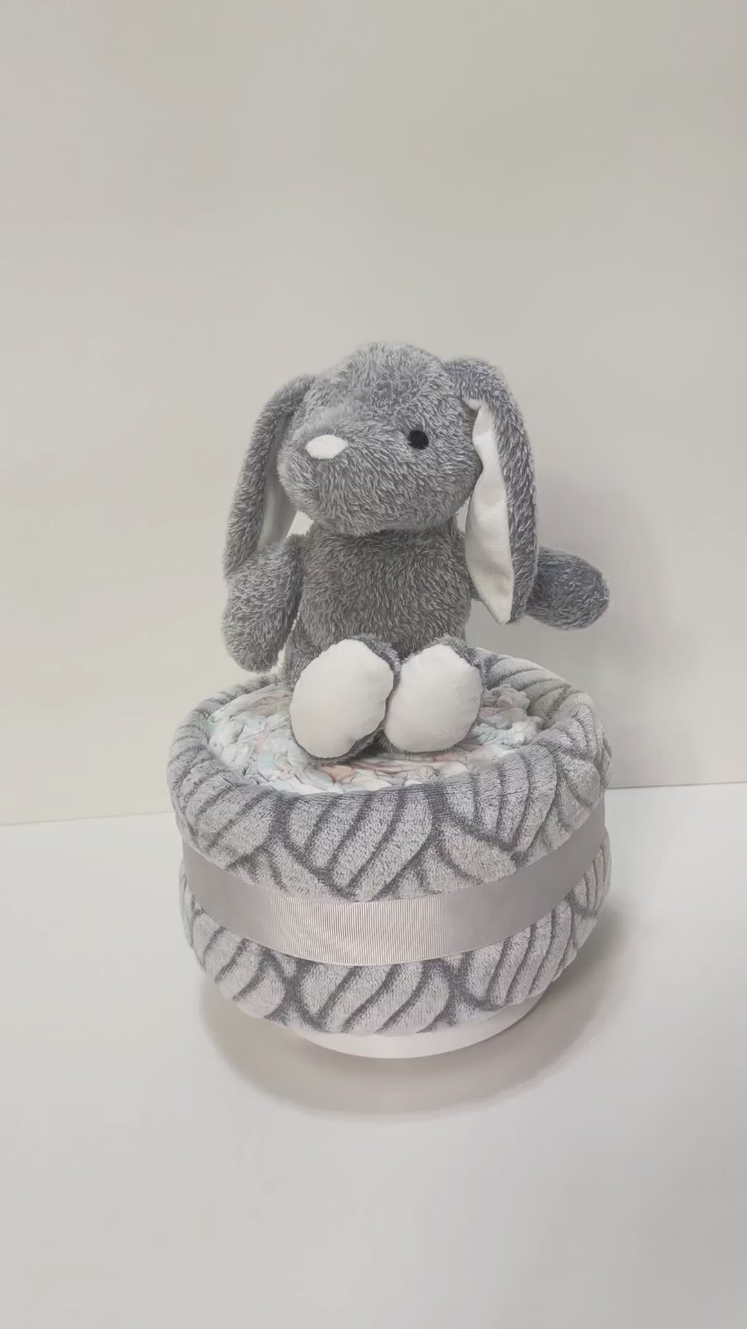 bunny with blanket unisex nappy cake baby gift with rolled nappies ribbons and plush bunny