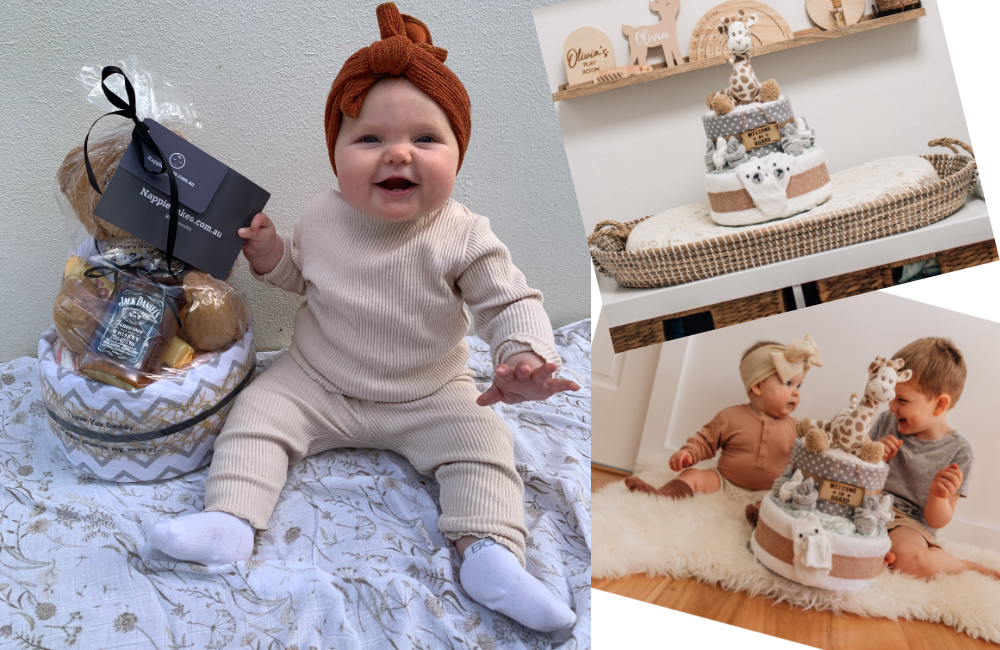 adorable baby featured in blog banner with nappy cake gift decorated with nappies and plush toy