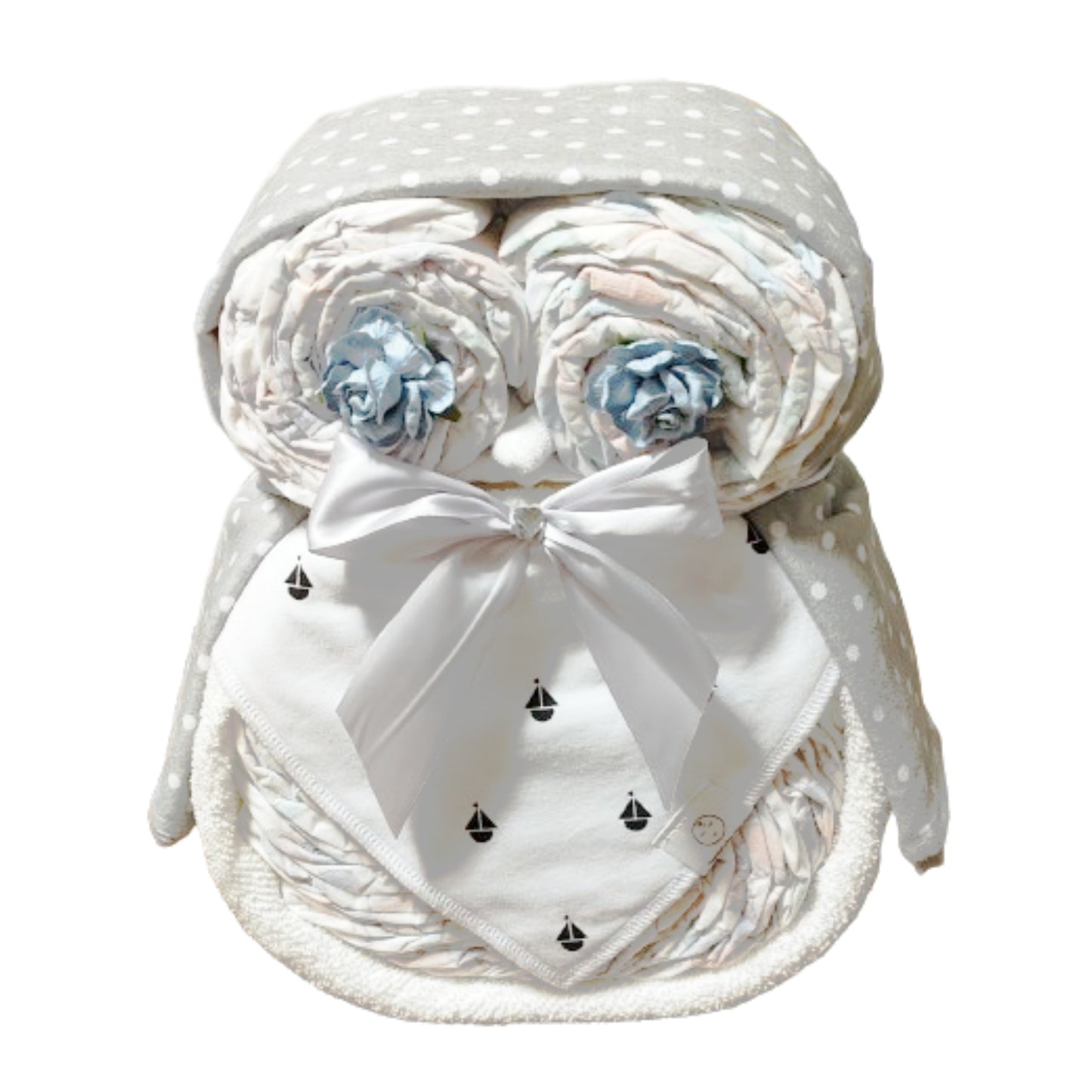 owl nappy cake white with boats baby gift featuring rolled nappies ribbons and plush owl toy