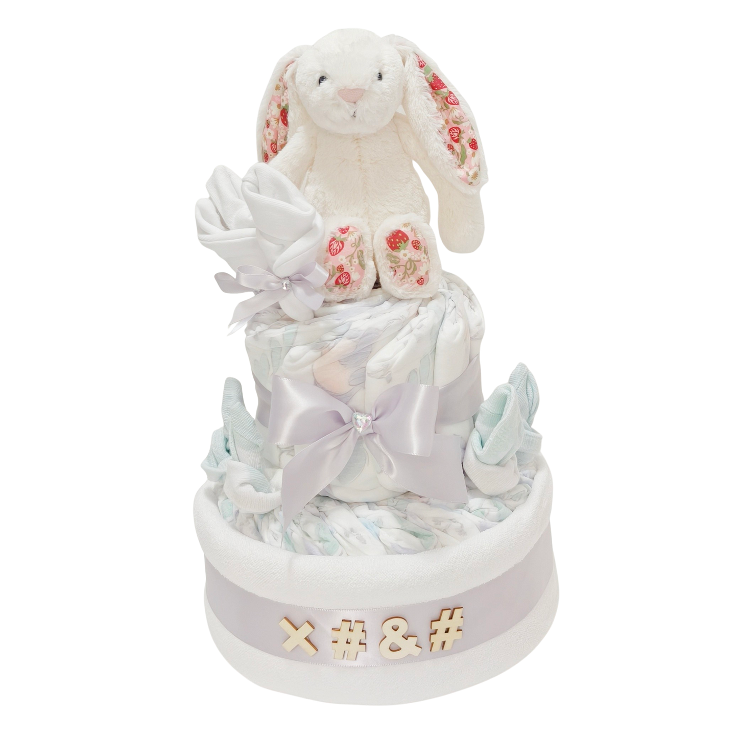 adorable snow blossom bunny nappy cake newborn baby gift crafted with nappies soft bunny and ribbons