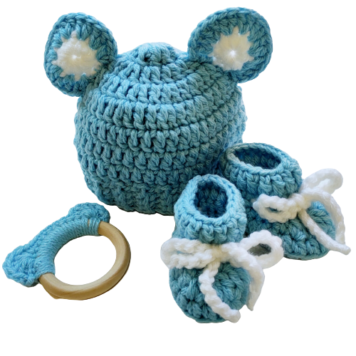 handmade baby set blue featuring knitted hat tether and booties newborn gift for baby boy