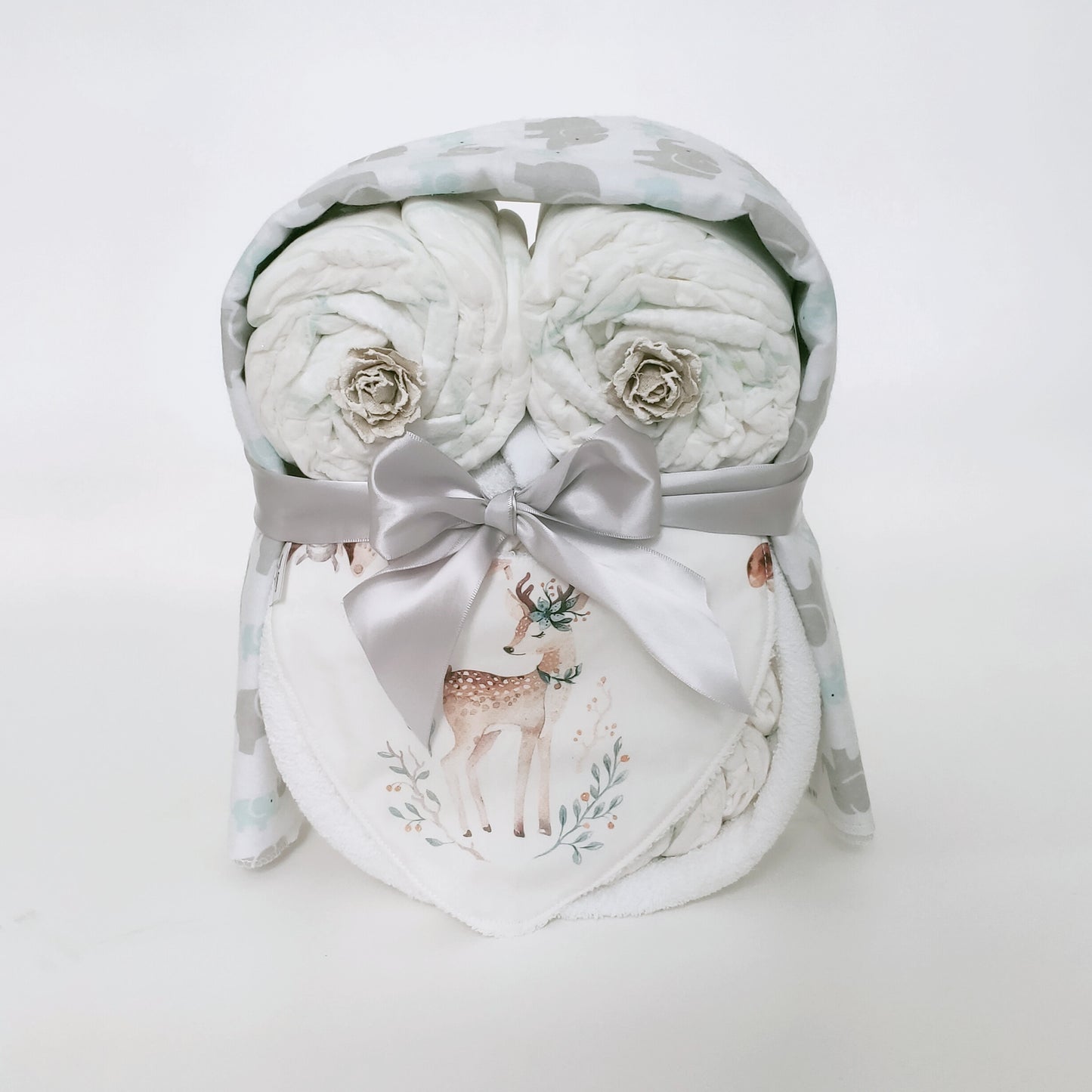 Oh Deer unisex baby owl nappy cake gift set featuring rolled nappies, a watercolor woodland deer print