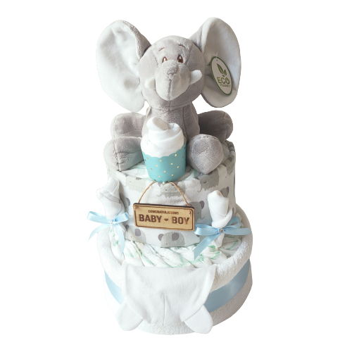 A 2-tier nappy cake designed with blue diapers, white and blue accents, and a plush toy in the shape of an elephant.