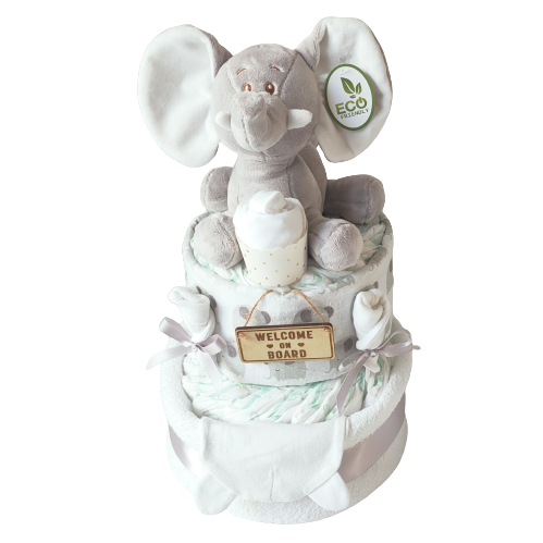 ellie 2 tier nappy cake silver baby gift with rolled nappies ribbons and plush elephant toy