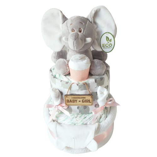 adorable ellie 2 tier pink nappy cake newborn baby gift decorated with nappies and soft toy