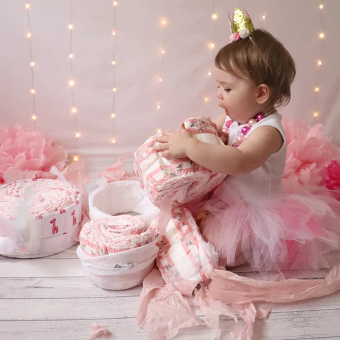 Beautiful baby shower nappy cake gift decorated with plush toy nappies and ribbon details