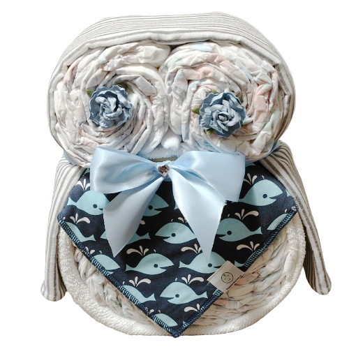 owl nappy cake whales baby gift with rolled nappies ribbons and plush owl toy for newborn