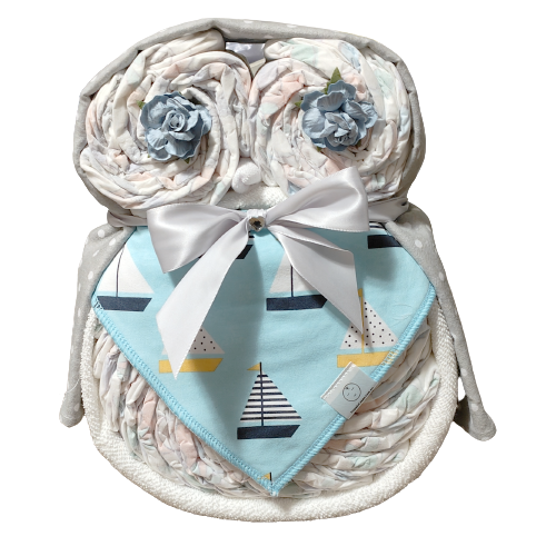 owl nappy cake blue with boats baby boy gift featuring rolled nappies ribbons and plush owl toy