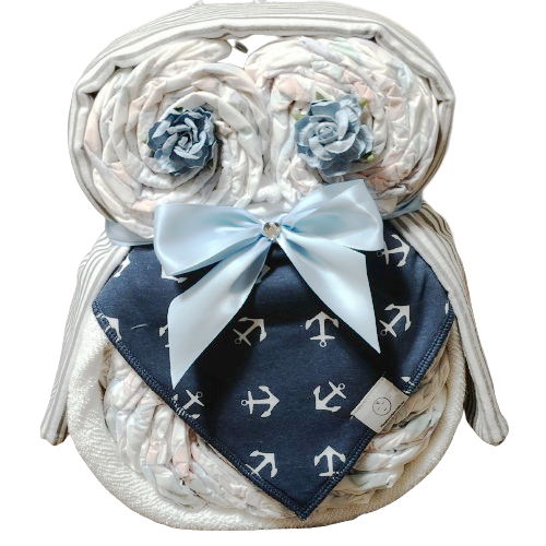 owl nappy cake sailor baby gift with rolled nappies ribbons and plush owl toy for newborn