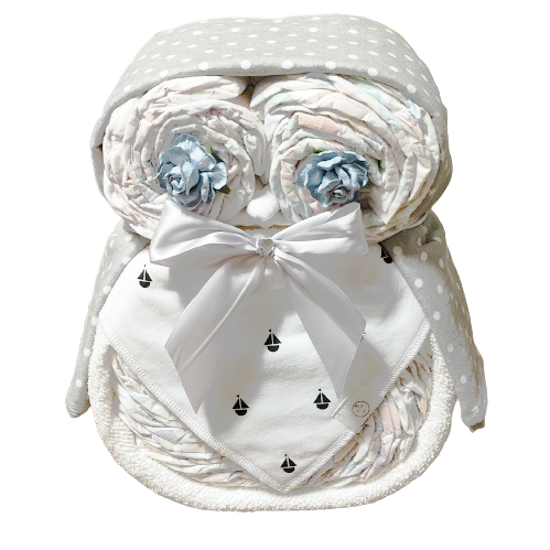 owl nappy cake white with boats baby gift featuring rolled nappies ribbons and plush owl toy