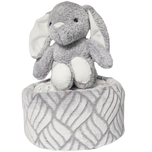 beautiful bunny with blanket nappy cake unisex newborn baby gift featuring rolled nappies and toy
