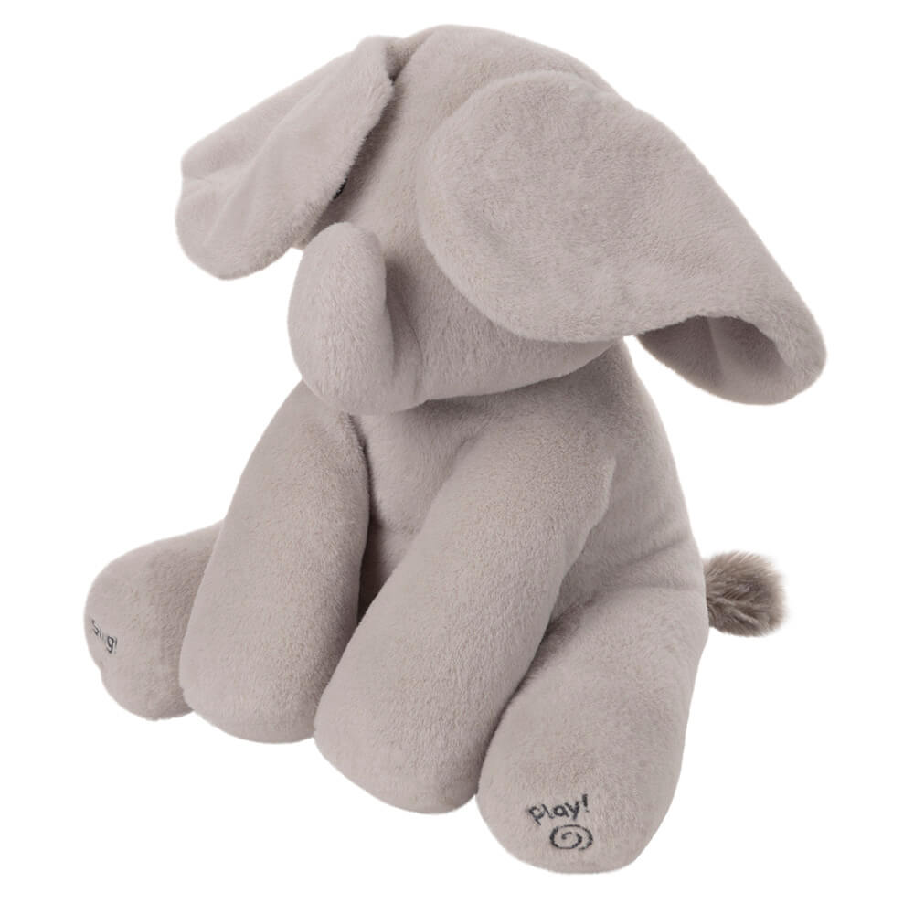 Soft grey elephant plush toy with floppy ears and embroidered Play logo