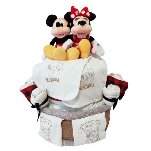 secure nappy cake packaging displaying rolled nappies ribbons plush toy and protective wrapping