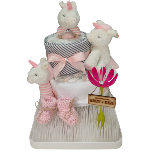 adorable limited edition magical unicorn dream nappy cake newborn gift with nappies and plush toy
