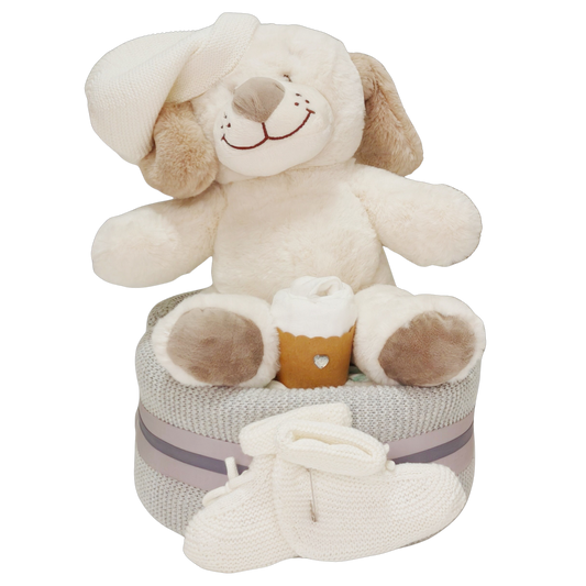 beautiful white puppy nappy cake limited edition newborn baby gift featuring nappies ribbons and plush toy