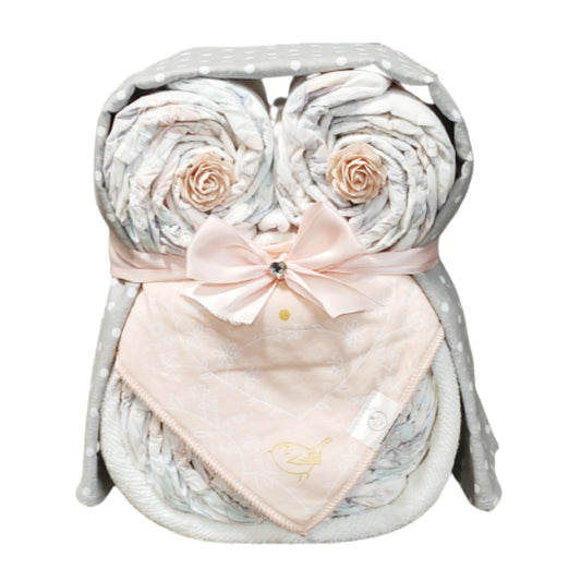 unique bird in paradise owl nappy cake baby shower gift made with rolled nappies and plush toy