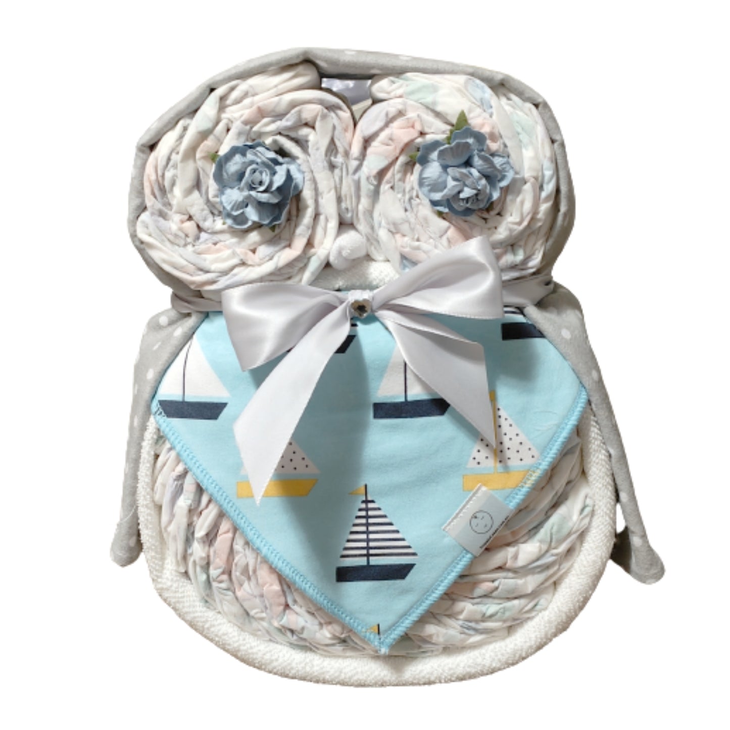 owl nappy cake blue with boats baby boy gift featuring rolled nappies ribbons and plush owl toy