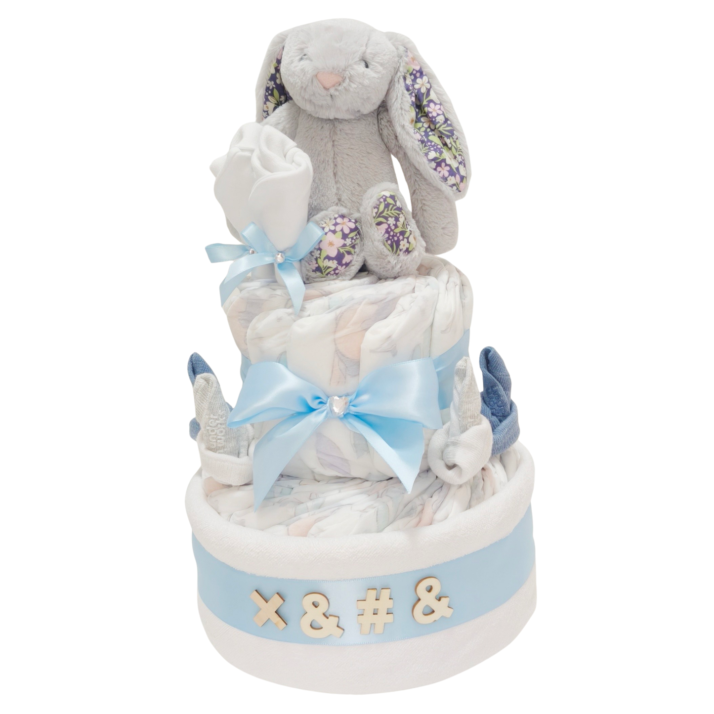 Bluebell Bunny Nappy Cake - Grey & Blue (Personalisation)