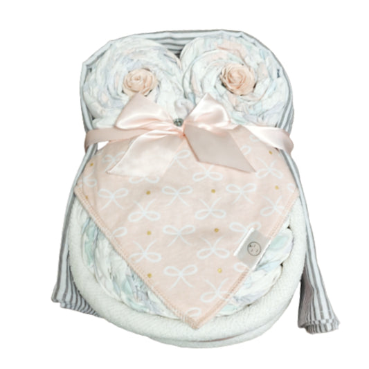 owl nappy cake bow me up baby gift with rolled nappies ribbons and plush owl toy for newborn