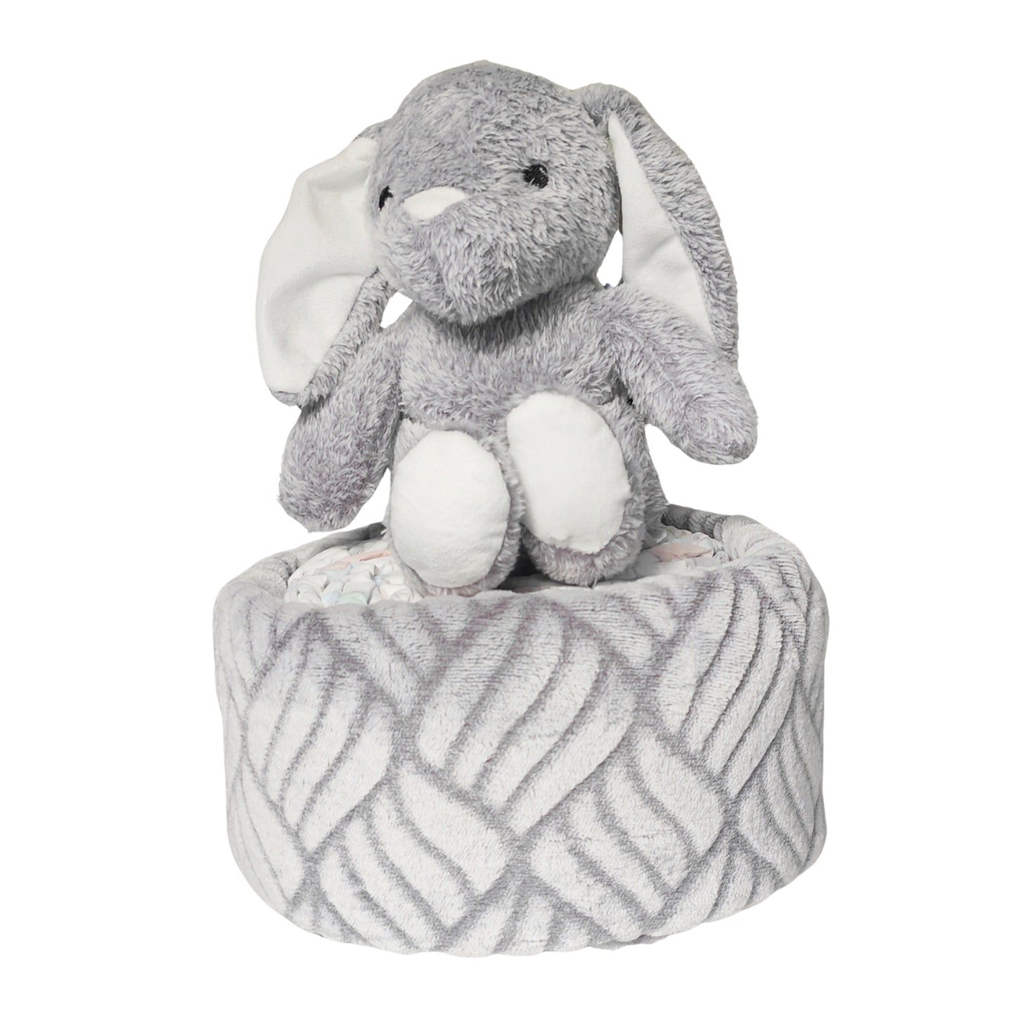 beautiful bunny with blanket nappy cake unisex newborn baby gift featuring rolled nappies and toy