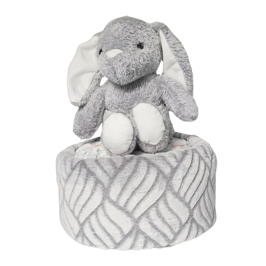 beautiful bunny with blanket nappy cake unisex newborn baby gift featuring rolled nappies and toy