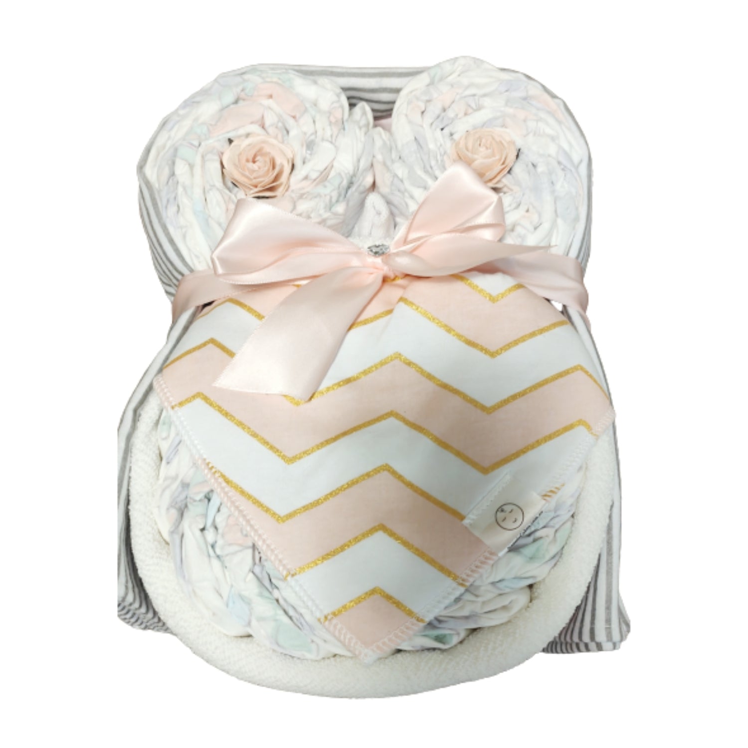 owl nappy cake disco diva baby gift with rolled nappies ribbons and plush owl toy for newborn