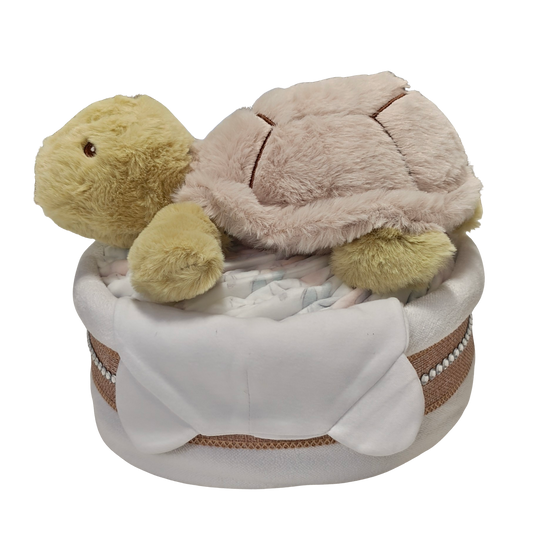 turtle nappy cake unisex baby gift with rolled nappies ribbons and plush turtle toy