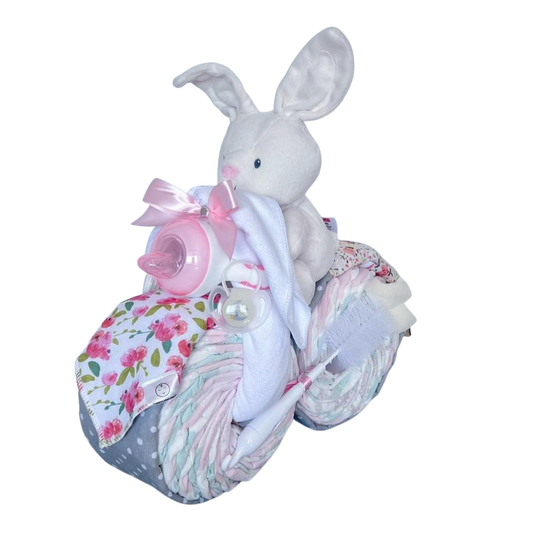 Bike Nappy Cake | Flora Bunny Handheld PEEK-A-BOO Plush by Gund