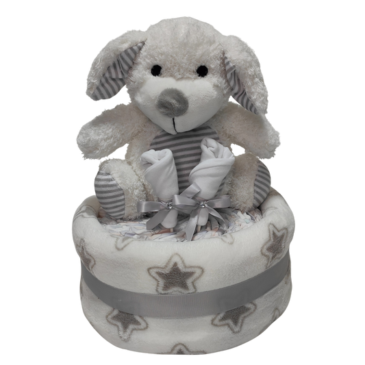 adorable puppy dog nappy cake unisex newborn baby gift decorated with nappies soft toy and ribbons