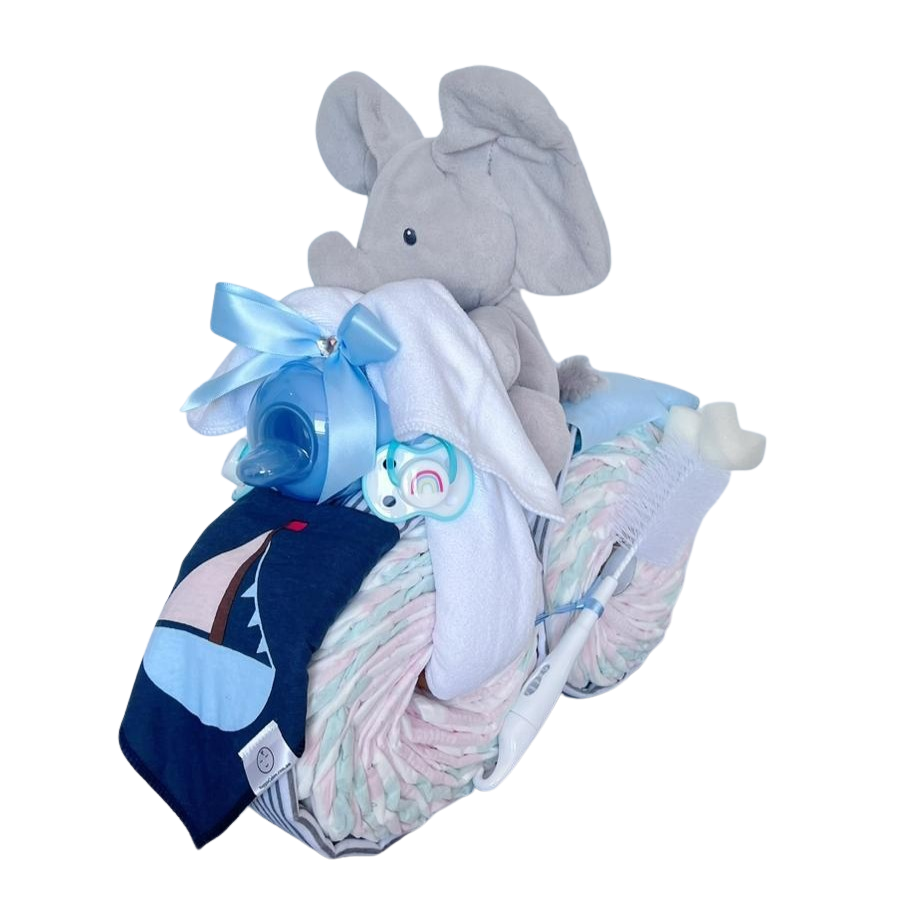 Bike Nappy Cake | "GUND" Hand Held Peekaboo Elephant