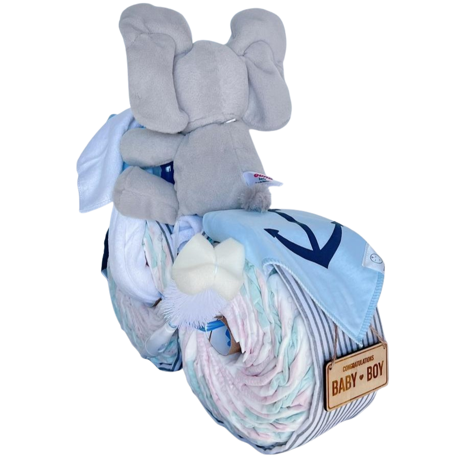 Bike Nappy Cake | "GUND" Hand Held Peekaboo Elephant