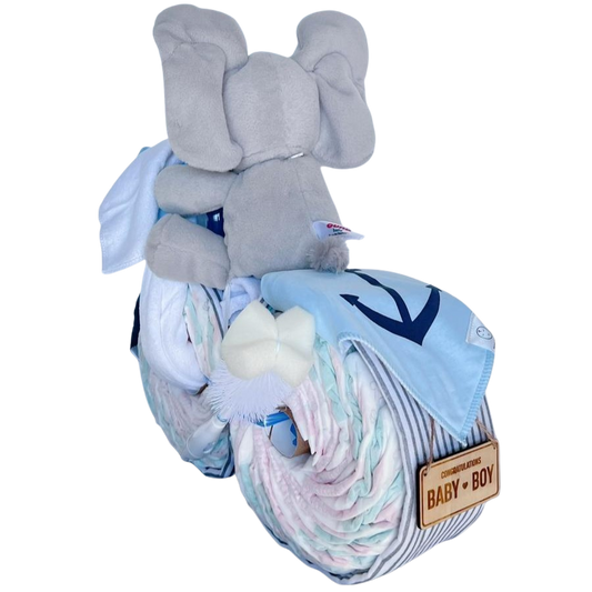 Bike Nappy Cake | "GUND" Hand Held Peekaboo Elephant