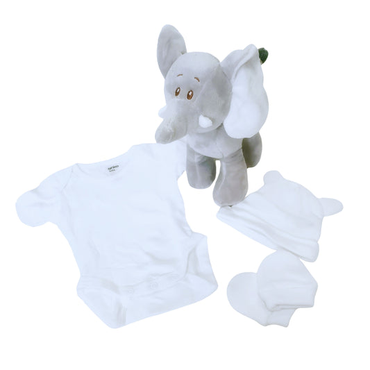 Flat lay of Ellie elephant 1-tier nappy cake components, featuring a soft grey plush elephant toy alongside a white infant bodysuit, beanie hat, and scratch mittens.