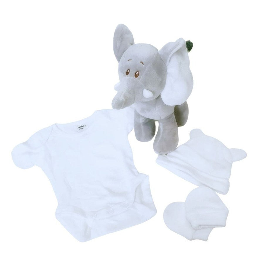 Flat lay of Ellie elephant 1-tier nappy cake components, featuring a soft grey plush elephant toy alongside a white infant bodysuit, beanie hat, and scratch mittens.