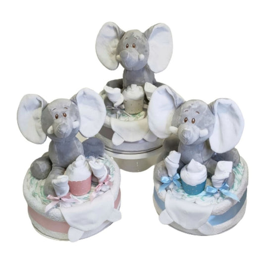 Assorted colors of Ellie elephant 1-tier baby nappy cakes featuring pink, silver, and blue ribbon options.