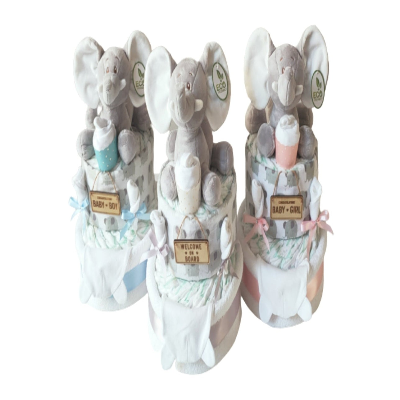 Assorted colors of Ellie elephant 2-tier baby nappy cakes featuring blue, silver, and pink ribbon options for baby boy, baby girl, or gender-neutral gifts.