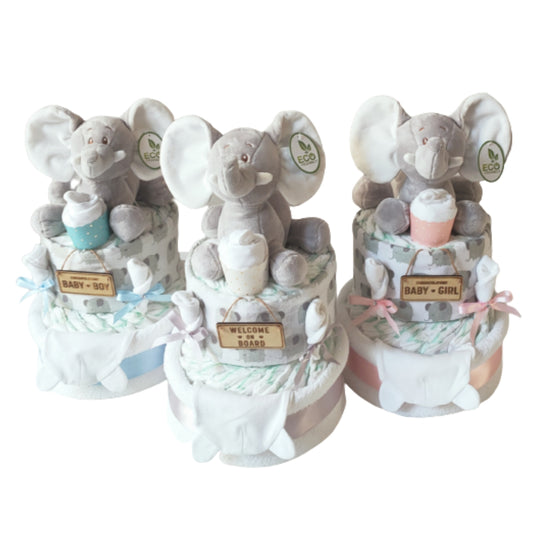 Assorted colors of Ellie elephant 2-tier baby nappy cakes featuring blue, silver, and pink ribbon options for baby boy, baby girl, or gender-neutral gifts.