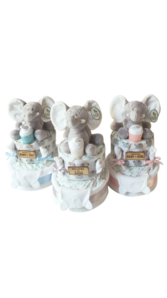 Assorted colors of Ellie elephant 2-tier baby nappy cakes featuring blue, silver, and pink ribbon options for baby boy, baby girl, or gender-neutral gifts.