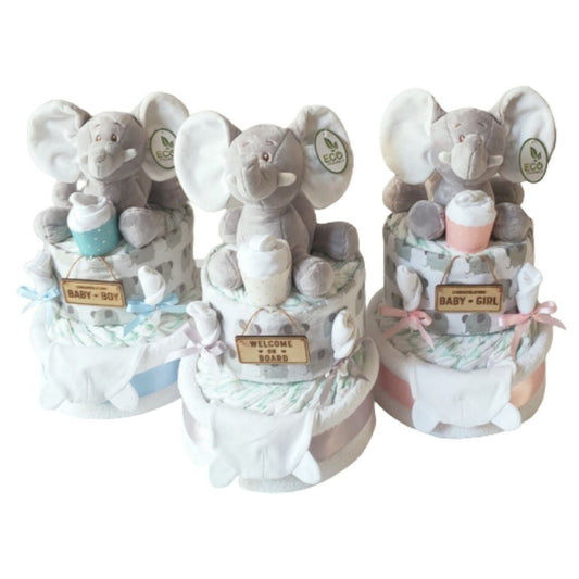 Assorted colors of Ellie elephant 2-tier baby nappy cakes featuring blue, silver, and pink ribbon options for baby boy, baby girl, or gender-neutral gifts.
