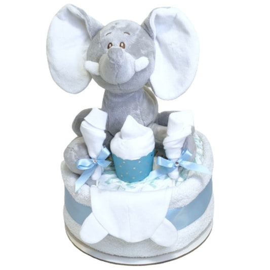 Ellie blue 1-tier elephant baby boy nappy cake gift set featuring a plush toy, and blue ribbon trim.