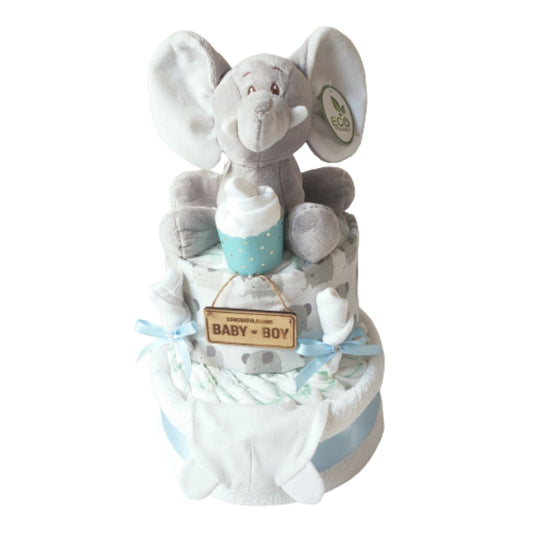 Ellie blue 2-tier baby boy elephant nappy cake gift set featuring a soft plush toy, wooden Baby Boy sign, patterned muslin wrap, and blue ribbon trim.